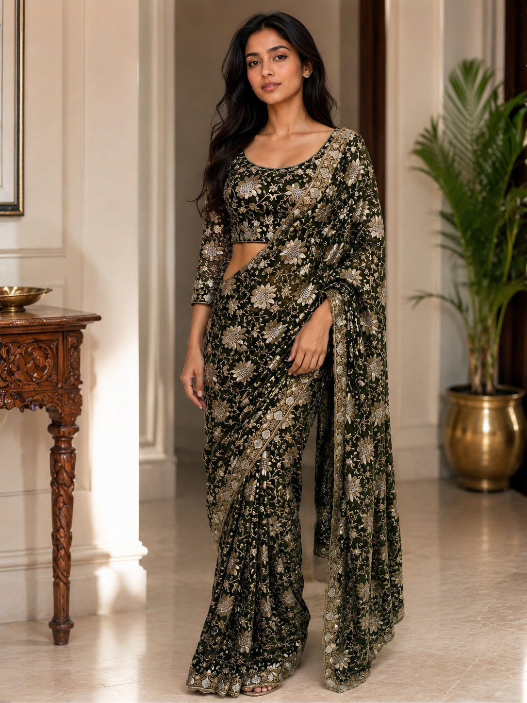 Midnight Black Floral Zari Designer Saree with Matching Blouse | Party & Wedding Wear