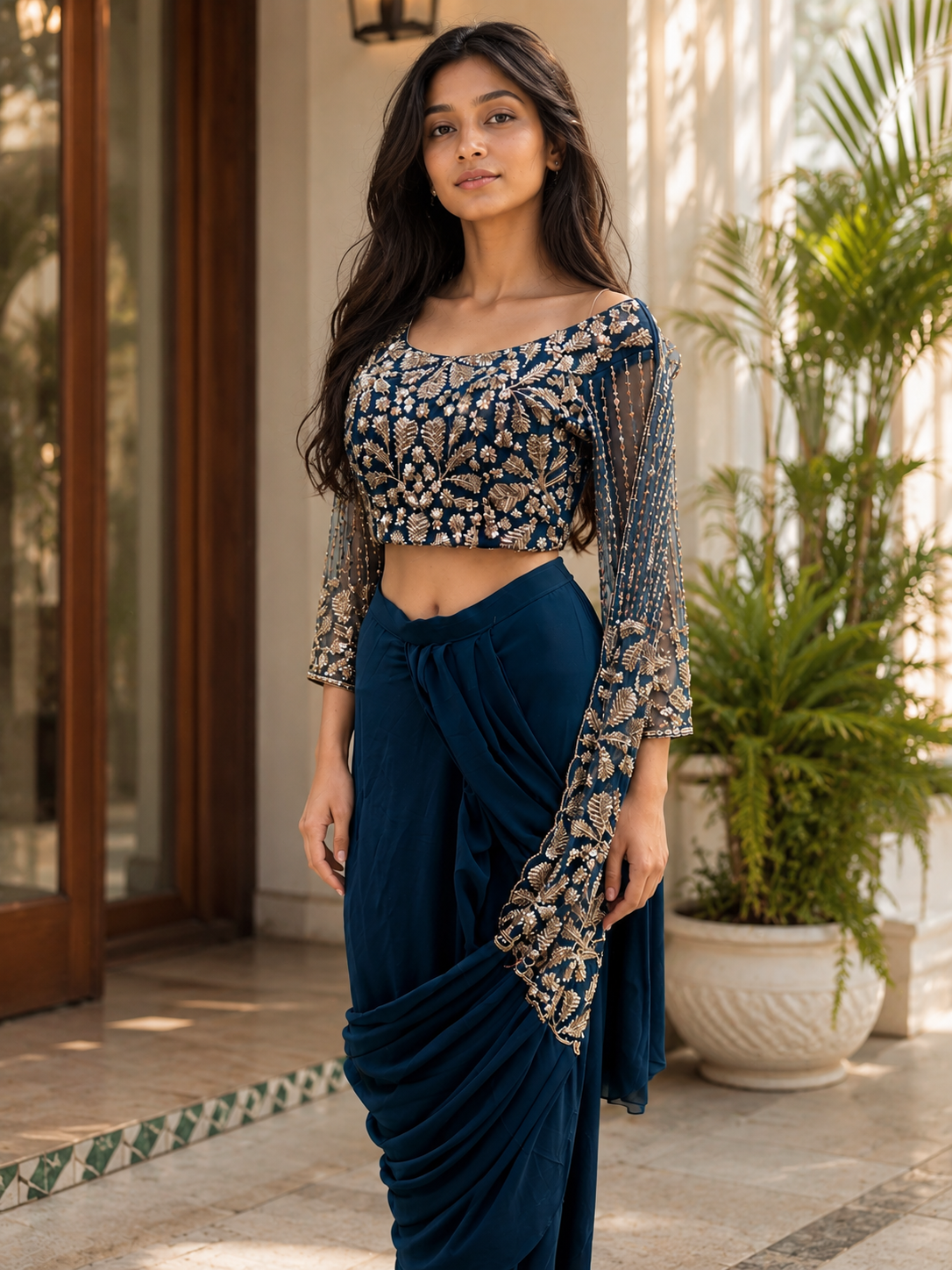 Midnight Blue Embroidered Indo-Western Drape Set