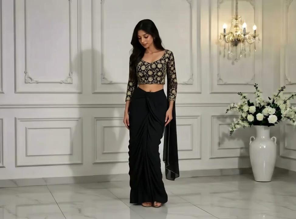 Midnight Black Star Embroidered Indo-Western Drape Set